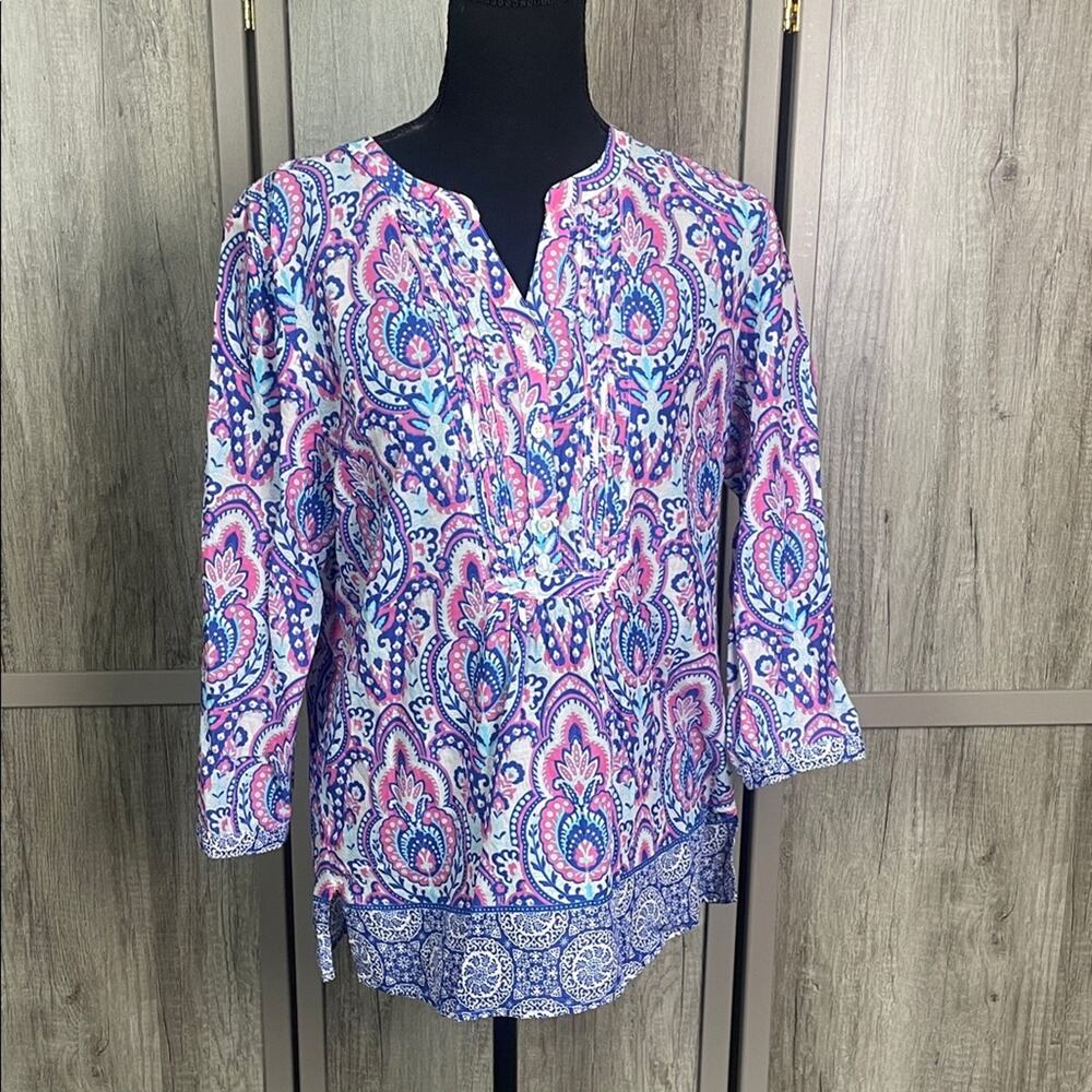 Talbots Gathered Neck Swirl Floral Top Women's S